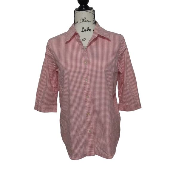 Denim & Co Peach Gingham Button Front Shirt 3/4 Sleeves Button Down Stretch S-M - Picture 1 of 10
